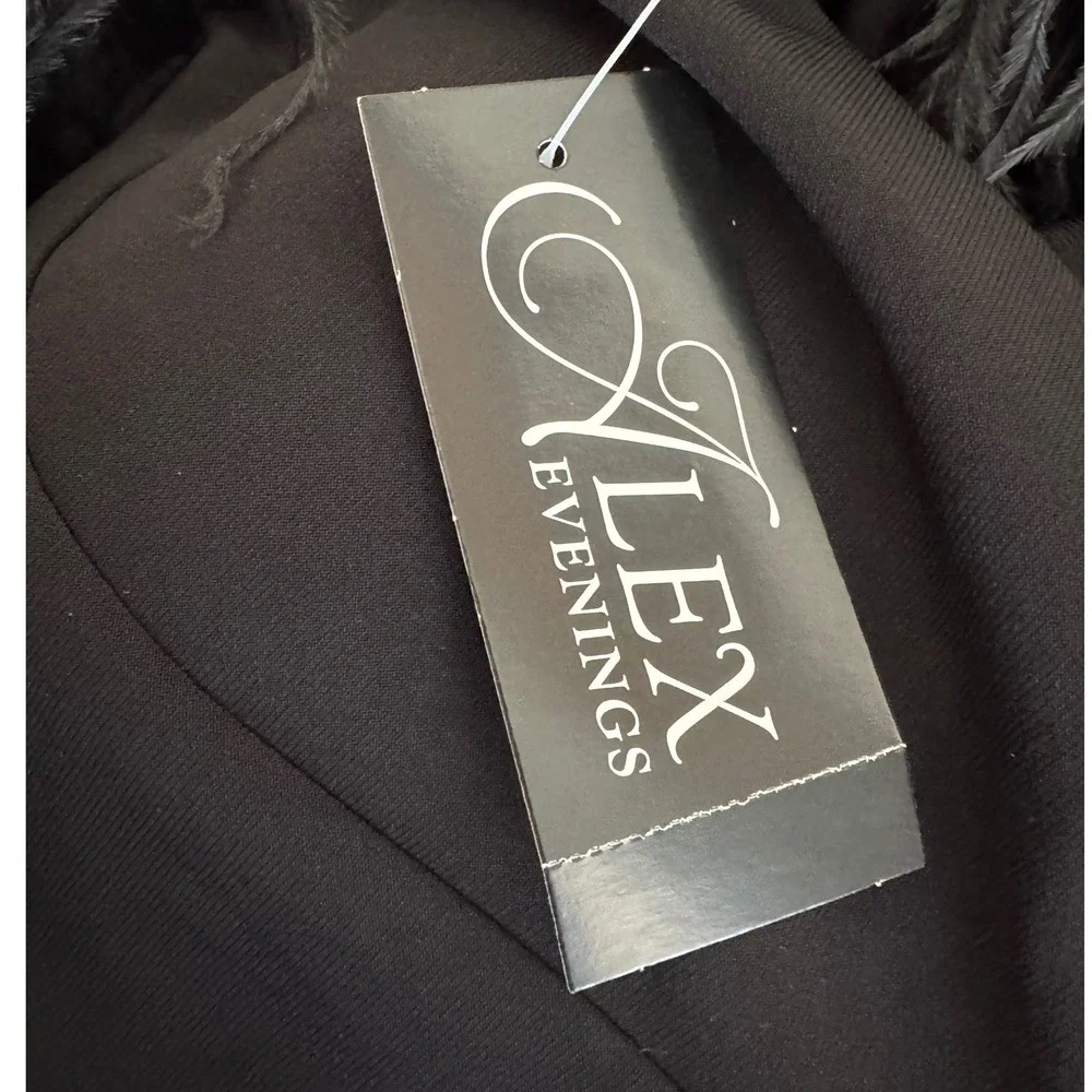 Alex Evenings Gianna Black Ostrich Feather Off The Shoulder Jersey Gown 12 NWT‎